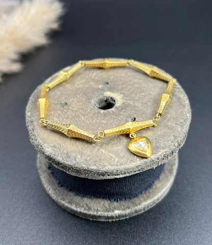 Antique 15 ct Yellow Gold, Georgian Fancy Link, Diamond Set Heart Charm Bracelet