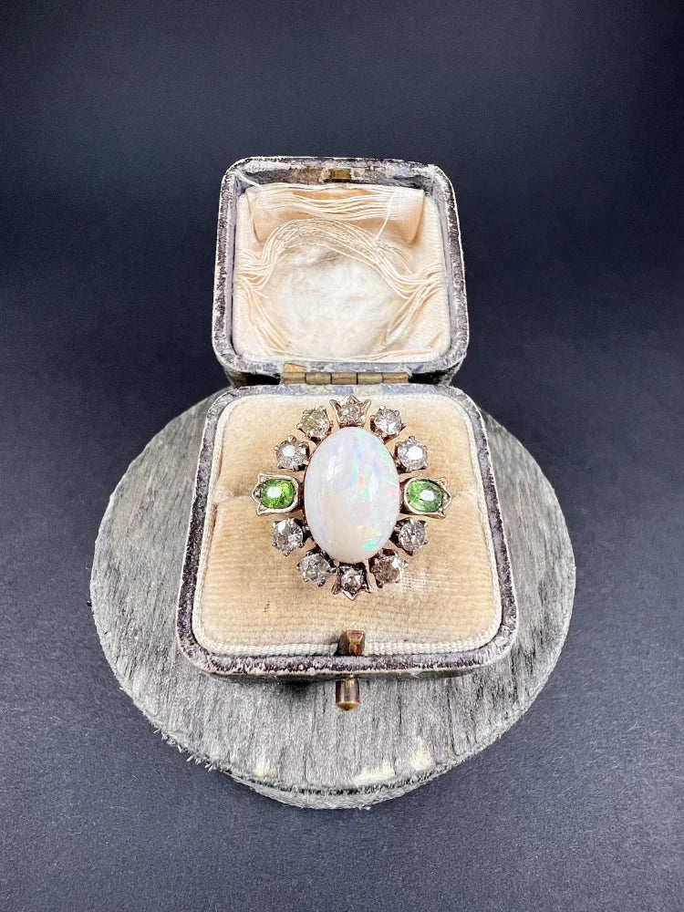 Victorian Antique Opal Diamond and Demantoid Garnet Cluster Ring