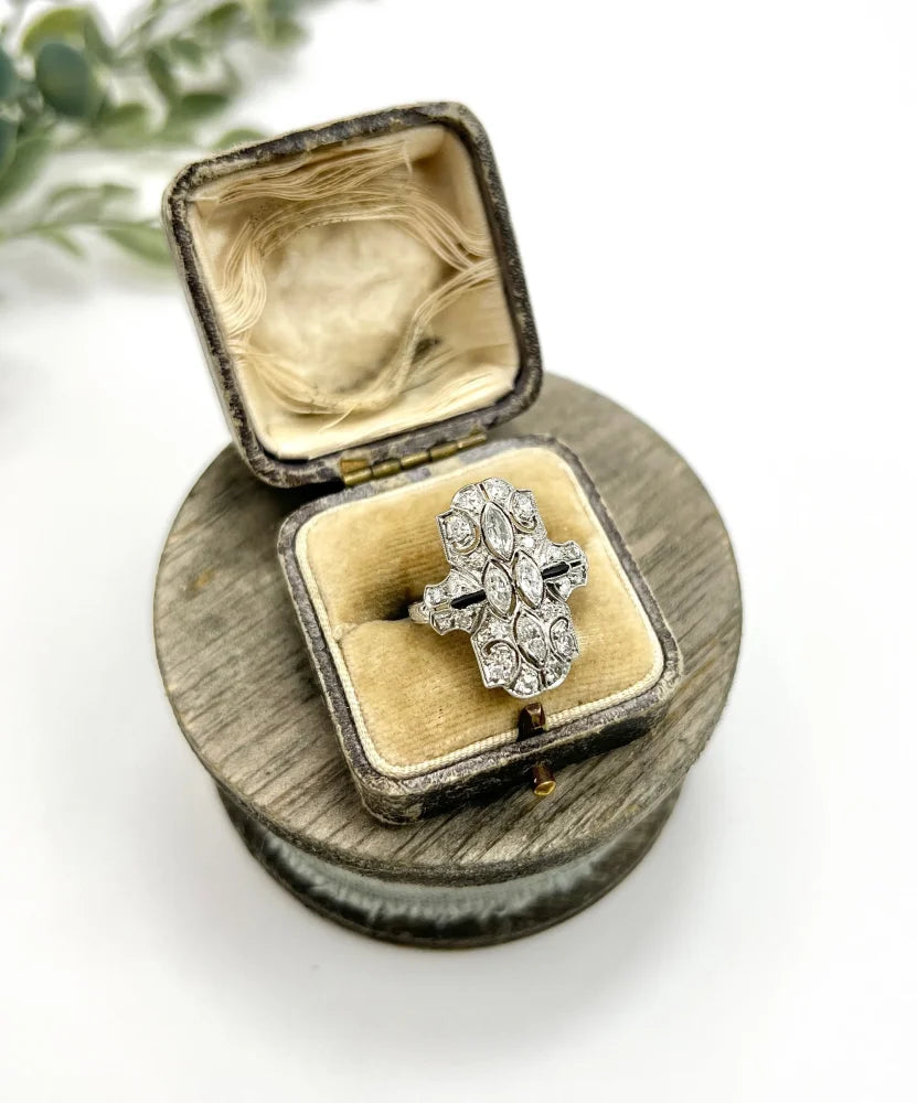Vintage Marquise Diamond and Onyx Plaque Ring