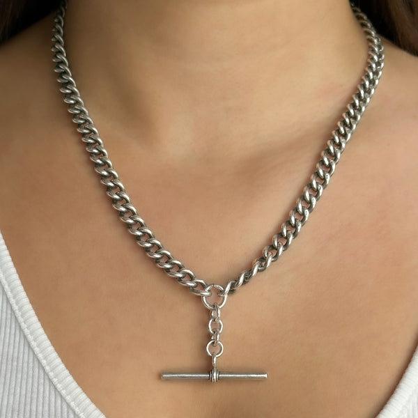 Edwardian Antique Silver Curb Link Albert Chain Necklace With T-Bar 20 inches 20"