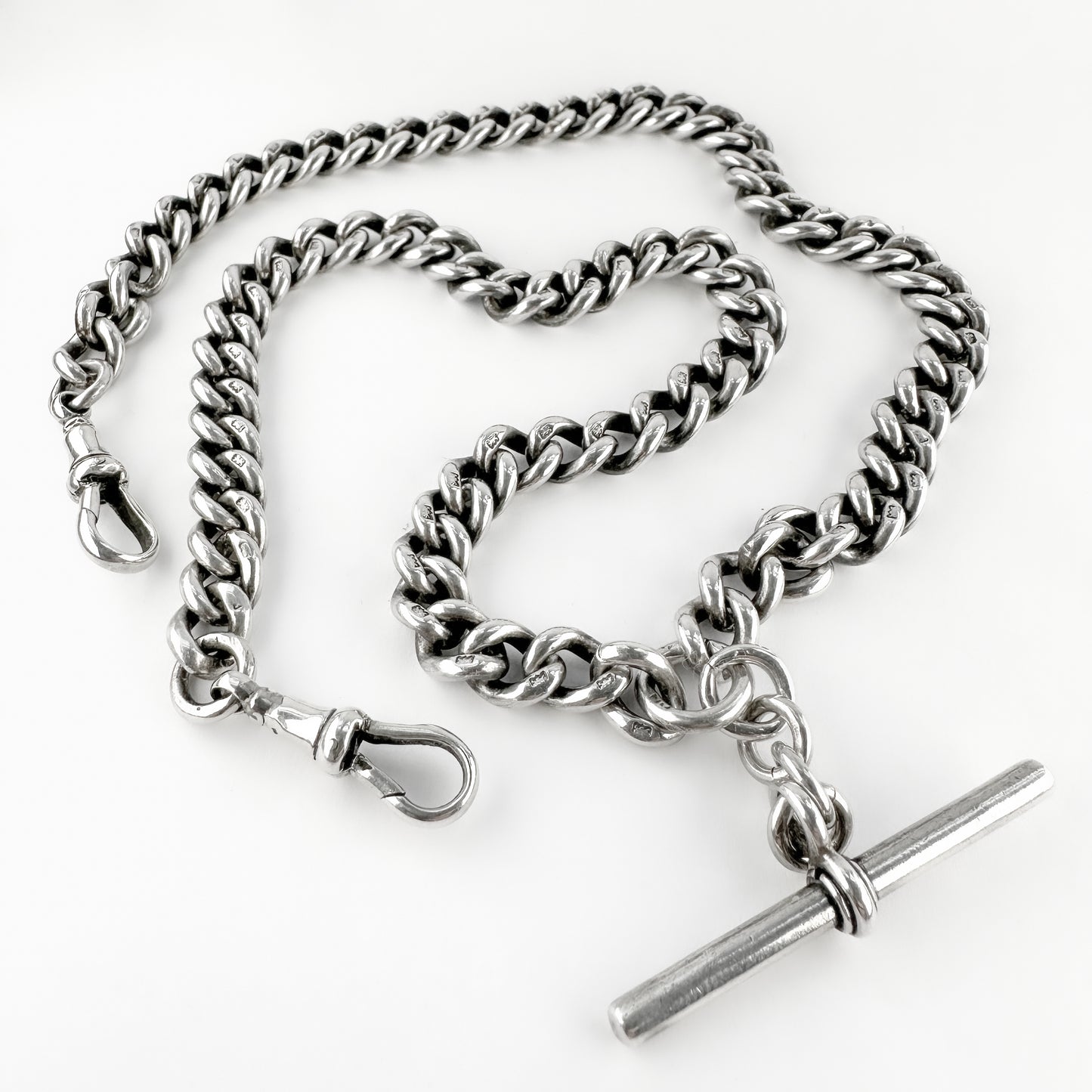 Edwardian Antique Silver Curb Link Albert Chain Necklace With T-Bar 20 inches 20"