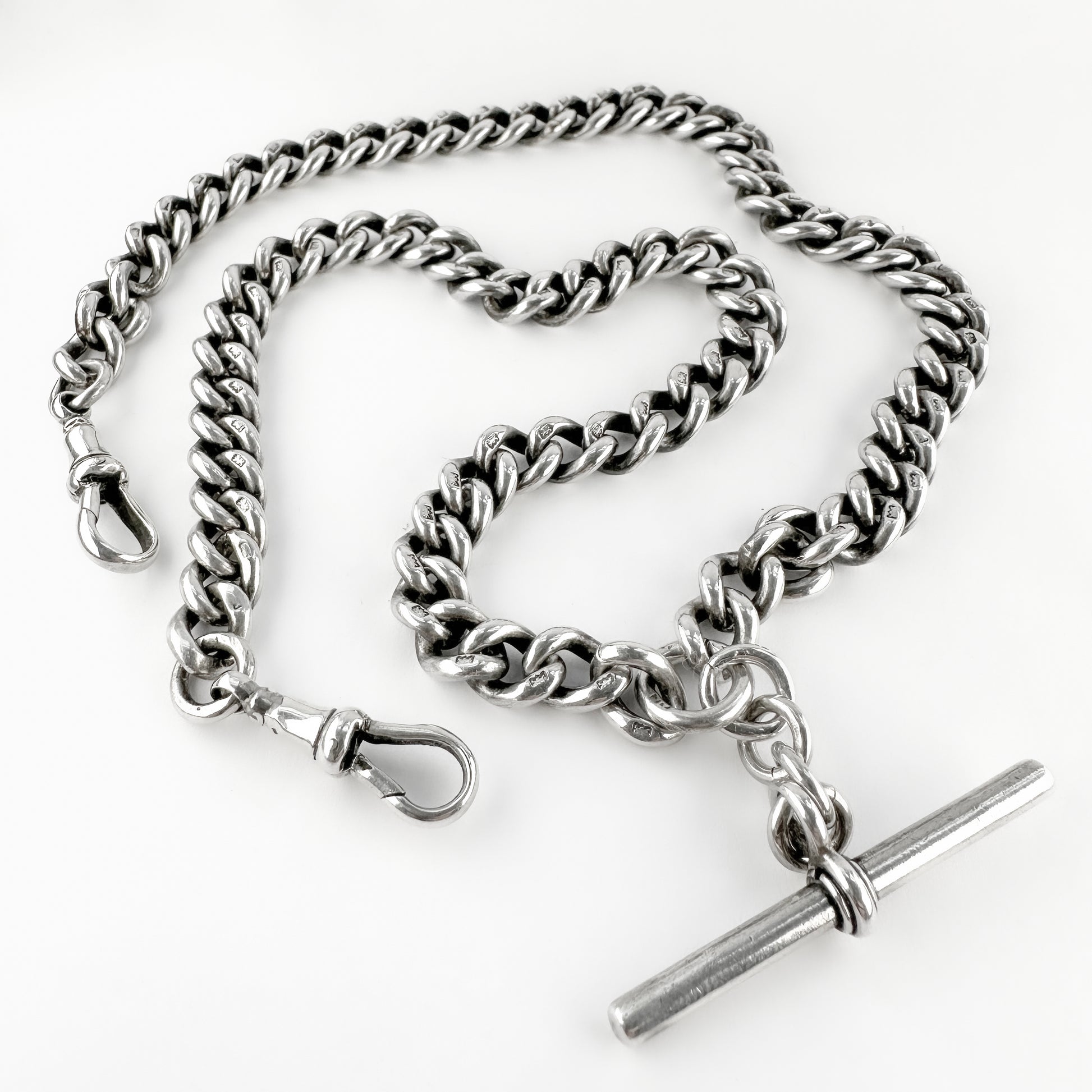 Edwardian Antique Silver Curb Link Albert Chain Necklace With T-Bar 20 inches 20"