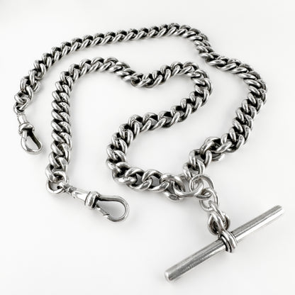 Edwardian Antique Silver Curb Link Albert Chain Necklace With T-Bar 20 inches 20"