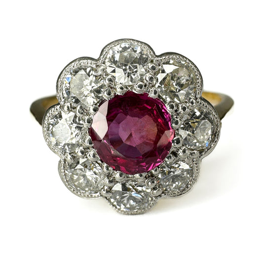Edwardian Antique Burma Ruby and Old Cut Diamond Cluster Engagement Ring