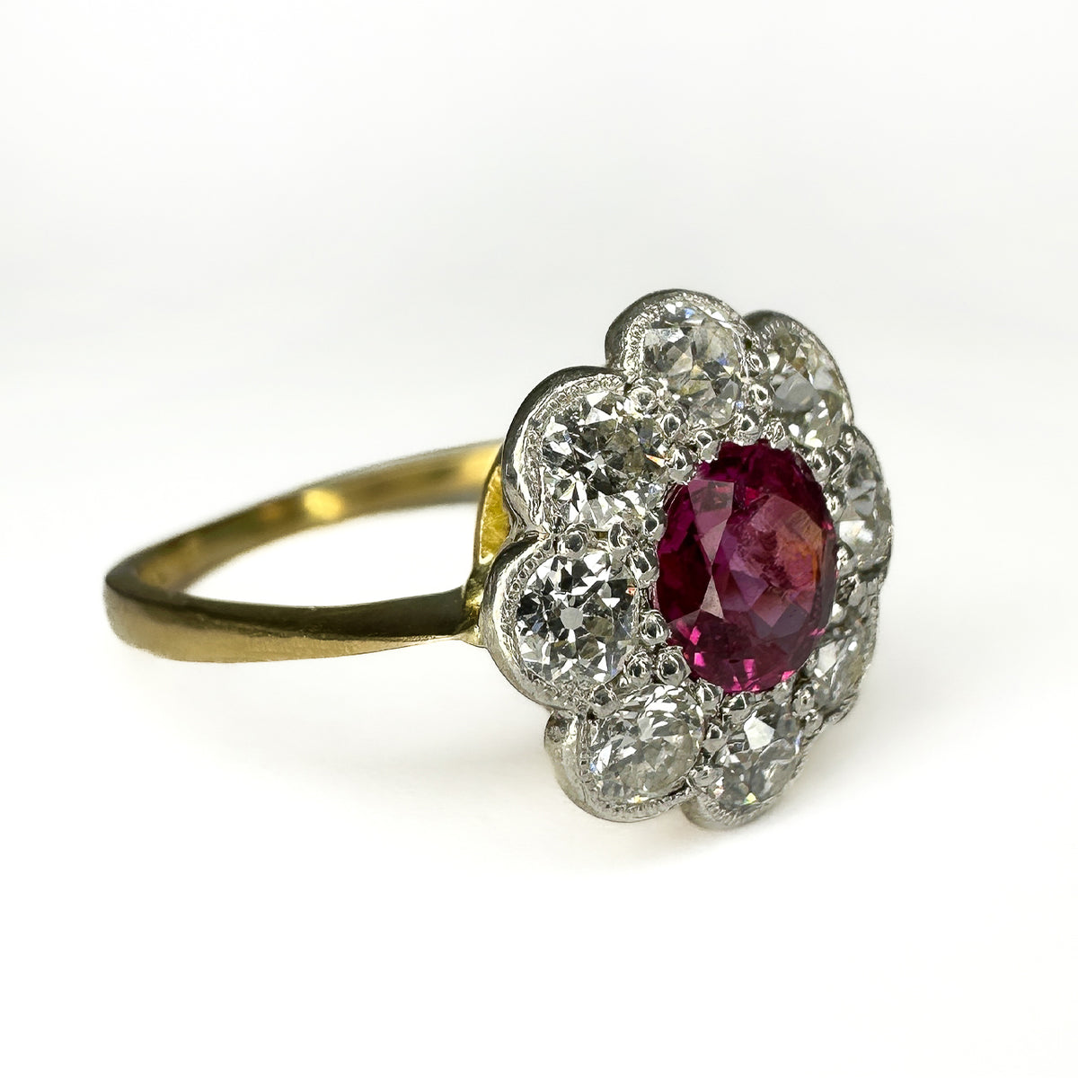 Edwardian Antique Burma Ruby and Old Cut Diamond Cluster Engagement Ring in Platinum and 18ct Yellow Gold