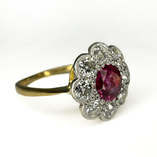 Edwardian Antique Burma Ruby and Old Cut Diamond Cluster Engagement Ring in Platinum and 18ct Yellow Gold