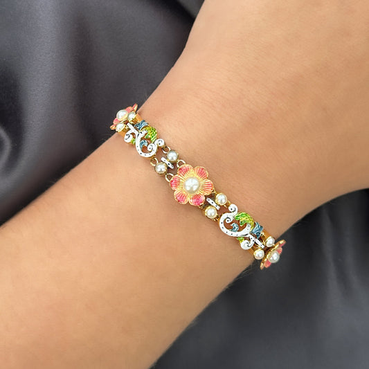 Edwardian Antique Enamel and Pearl Set 15ct Gold Curb Link Bracelet