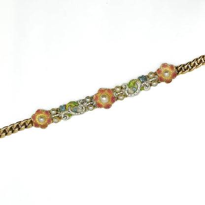 Edwardian Antique Enamel and Pearl Set 15ct Gold Curb Link Bracelet