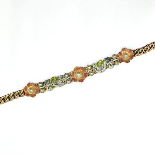Edwardian Antique Enamel and Pearl Set 15ct Gold Curb Link Bracelet