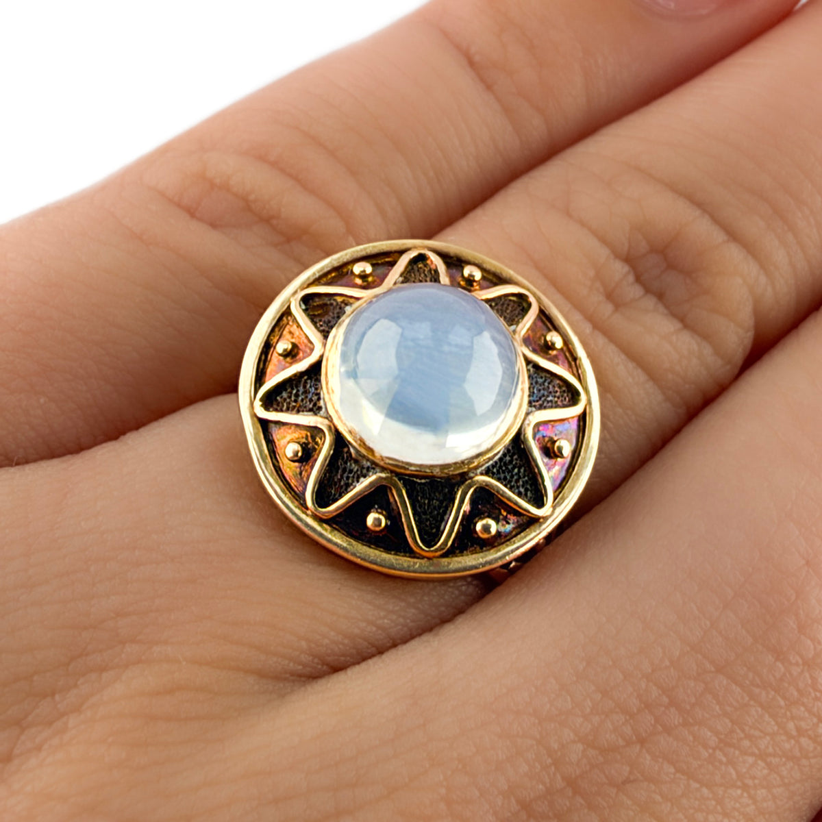 1970s Moonstone Statement Ring on hand 14ct gold