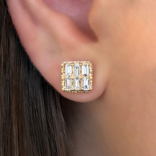 vintage baguette & round diamond square stud earrings 18ct gold on ear