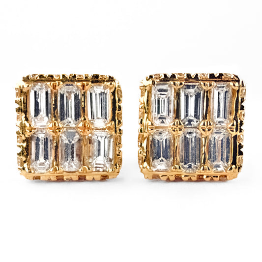 vintage baguette & round diamond square stud earrings 18ct gold front view