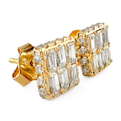 Vintage Baguette & Round Diamond Square Stud Earrings