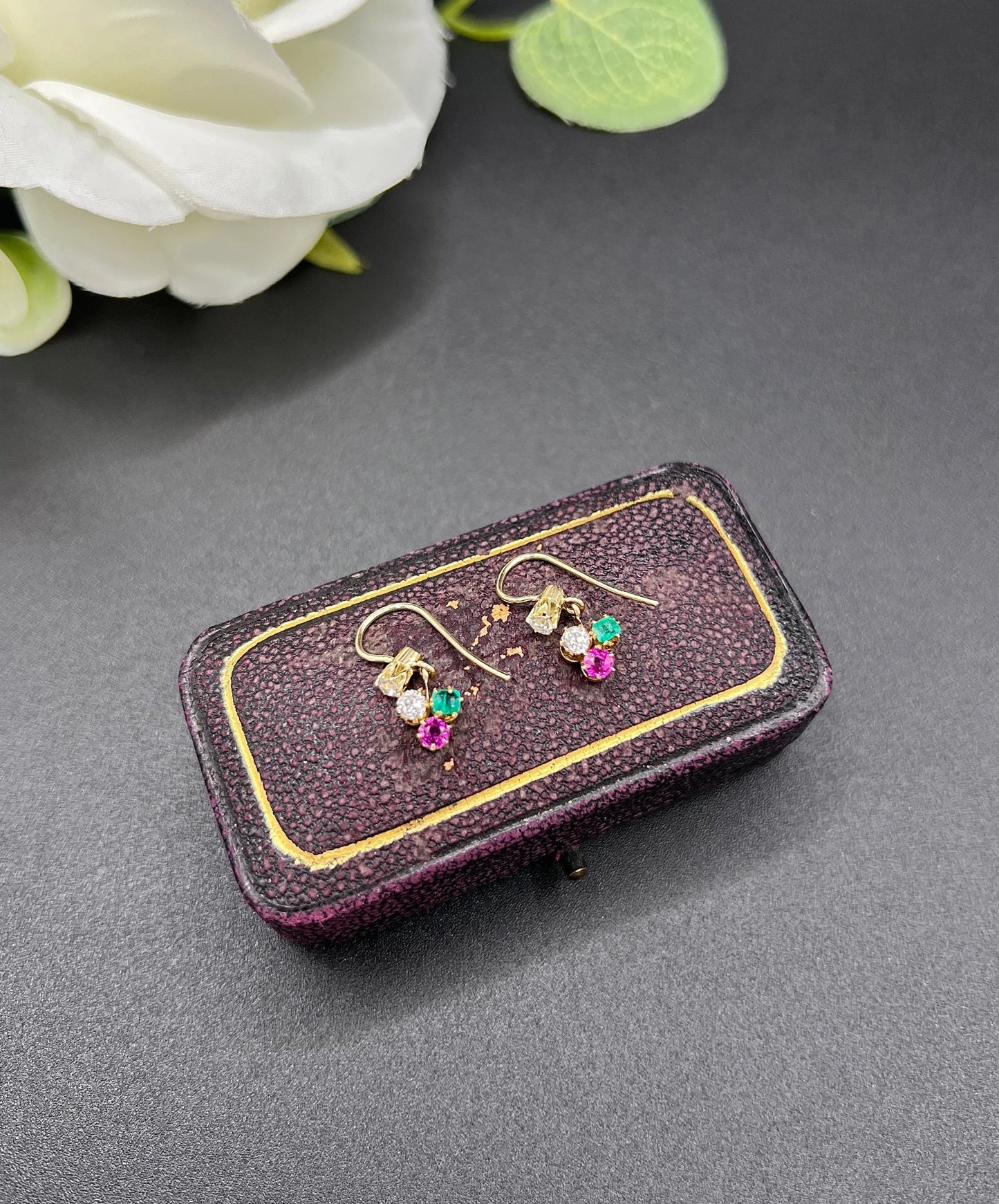 Antique 15ct Gold, Edwardian era Emerald, Ruby & Diamond Clover Earrings
