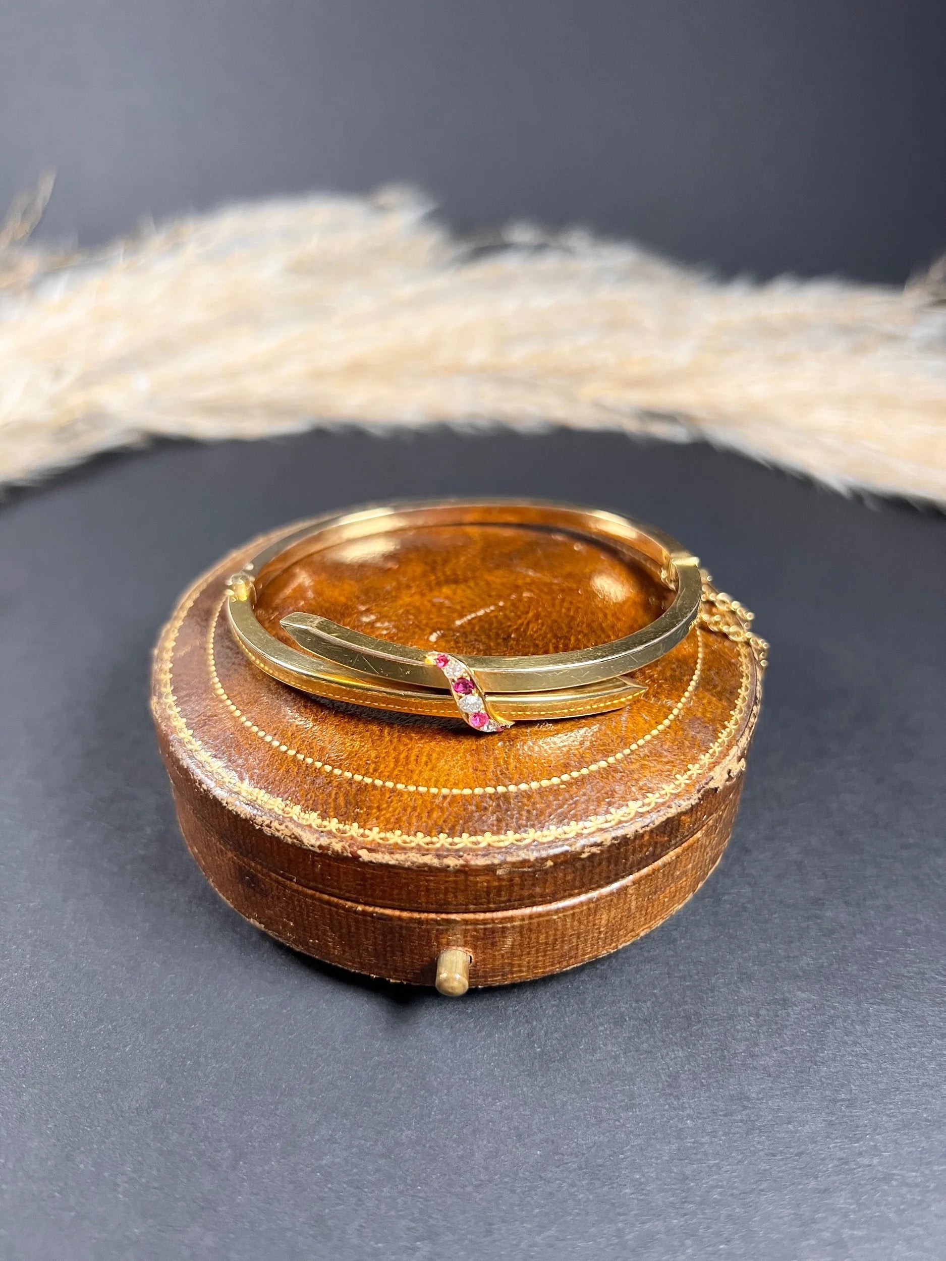 Vintage 15 Carat Yellow Gold, 1930's Ruby And Diamond Crossover Bangle
