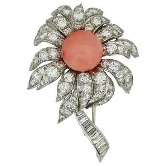 Vintage Boucheron 18ct White Gold Coral and Diamond Flower Brooch
