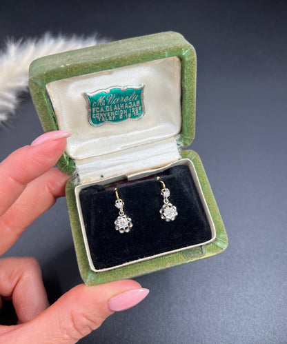 Antique 18ct Gold & Platinum Old Cut Diamond Drop Dangle Earrings