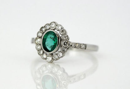 Vintage Oval Cut Emerald and Diamond Cluster Ring, 18ct White Gold