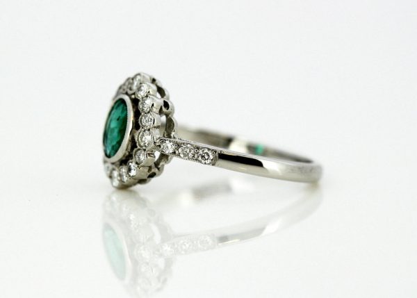 Vintage Oval Cut Emerald and Diamond Cluster Ring, 18ct White Gold
