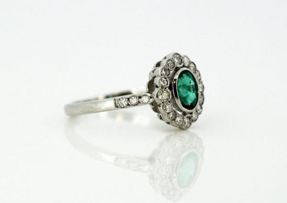 Vintage Oval Cut Emerald and Diamond Cluster Ring, 18ct White Gold