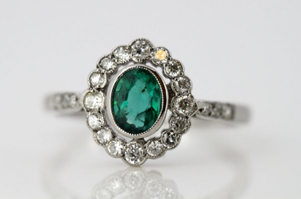 Vintage Oval Cut Emerald and Diamond Cluster Ring, 18ct White Gold