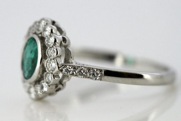 Vintage Oval Cut Emerald and Diamond Cluster Ring, 18ct White Gold