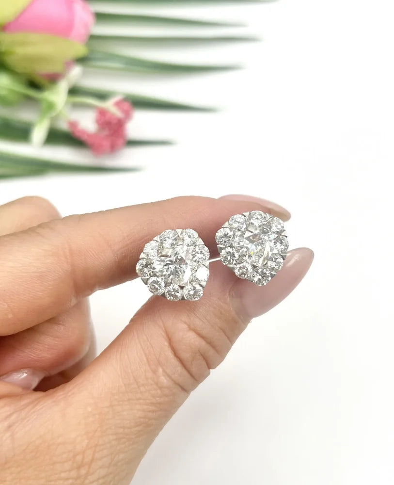 Vintage French 5.80ct Heart Diamond Cluster Stud Earrings