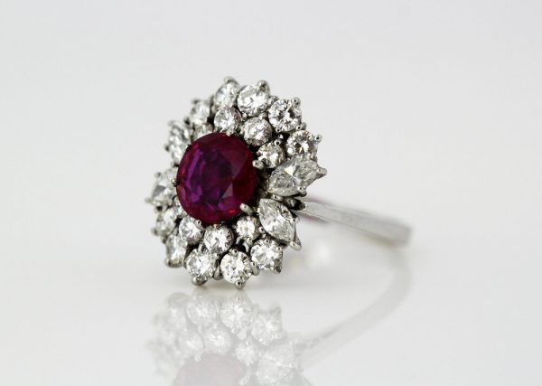 Vintage Burma Ruby and Diamond Cluster Ring, 18ct White Gold