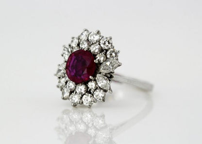 Vintage Burma Ruby and Diamond Cluster Ring, 18ct White Gold