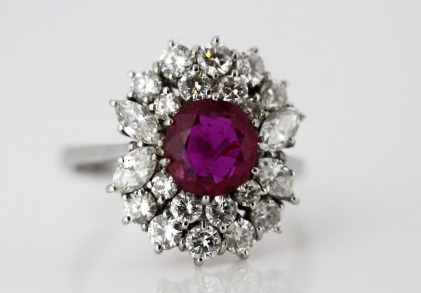 Vintage Burma Ruby and Diamond Cluster Ring, 18ct White Gold