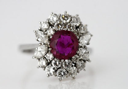 Vintage Burma Ruby and Diamond Cluster Ring, 18ct White Gold