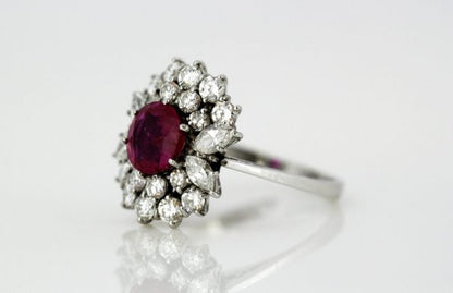 Vintage Burma Ruby and Diamond Cluster Ring, 18ct White Gold
