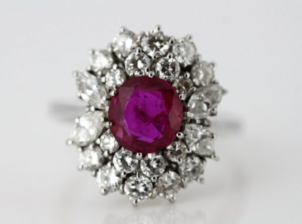 Vintage Burma Ruby and Diamond Cluster Ring, 18ct White Gold