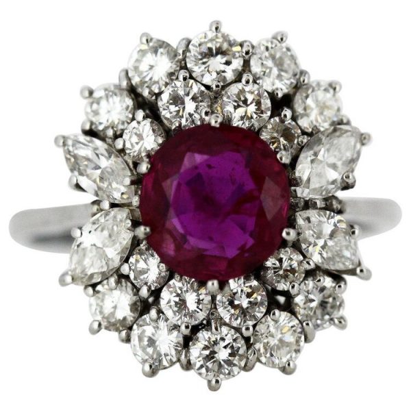 Vintage Burma Ruby and Diamond Cluster Ring, 18ct White Gold