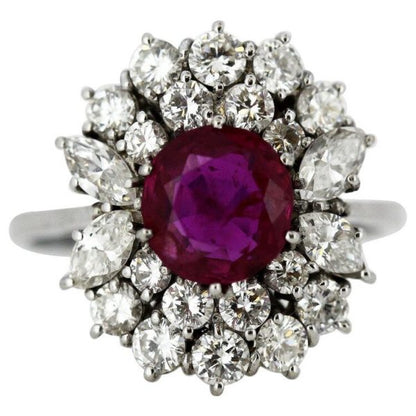 Vintage Burma Ruby and Diamond Cluster Ring, 18ct White Gold