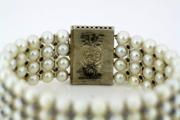 Antique Art Deco Freshwater Pearl, Aquamarine, Enamel and Diamond Bangle