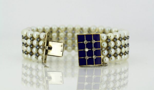 Antique Art Deco Freshwater Pearl, Aquamarine, Enamel and Diamond Bangle