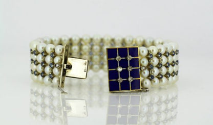 Antique Art Deco Freshwater Pearl, Aquamarine, Enamel and Diamond Bangle