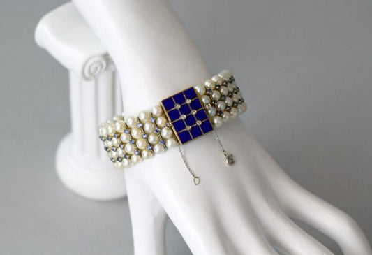 Antique Art Deco Freshwater Pearl, Aquamarine, Enamel and Diamond Bangle