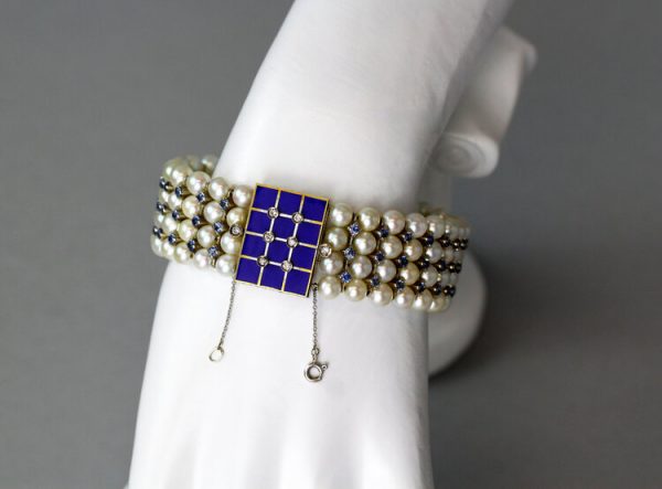 Antique Art Deco Freshwater Pearl, Aquamarine, Enamel and Diamond Bangle