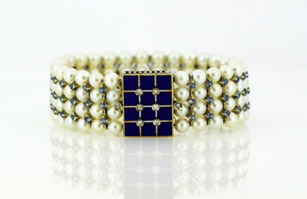 Antique Art Deco Freshwater Pearl, Aquamarine, Enamel and Diamond Bangle