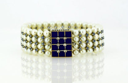 Antique Art Deco Freshwater Pearl, Aquamarine, Enamel and Diamond Bangle
