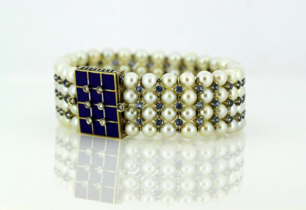 Antique Art Deco Freshwater Pearl, Aquamarine, Enamel and Diamond Bangle