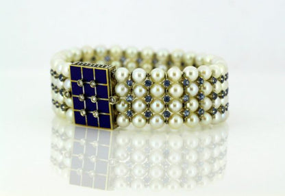 Antique Art Deco Freshwater Pearl, Aquamarine, Enamel and Diamond Bangle