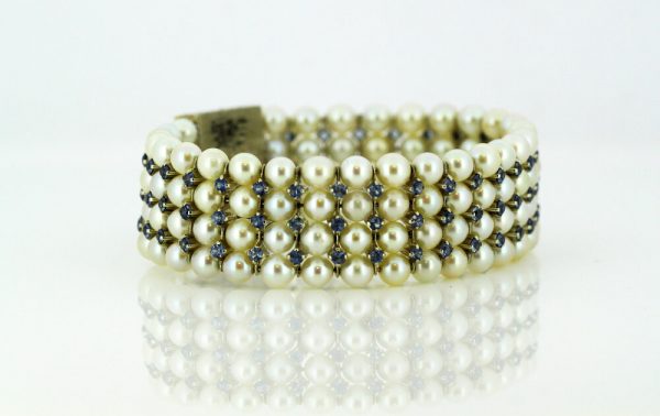 Antique Art Deco Freshwater Pearl, Aquamarine, Enamel and Diamond Bangle