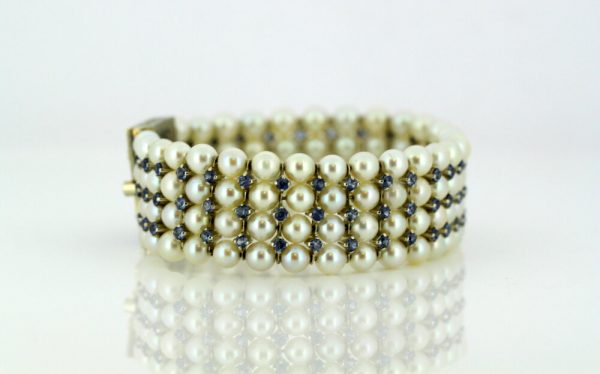 Antique Art Deco Freshwater Pearl, Aquamarine, Enamel and Diamond Bangle