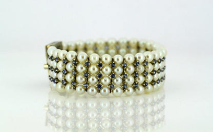 Antique Art Deco Freshwater Pearl, Aquamarine, Enamel and Diamond Bangle