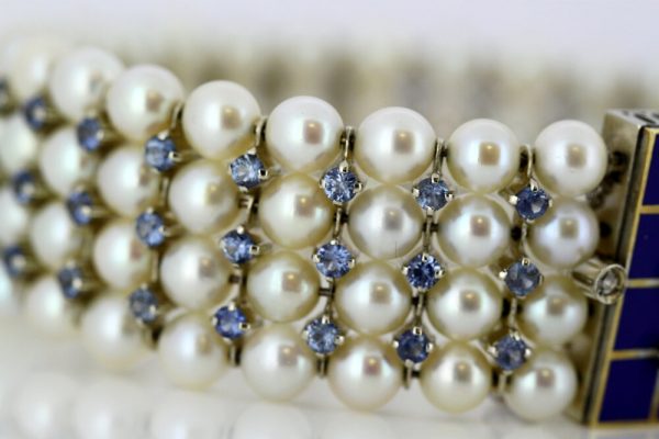 Antique Art Deco Freshwater Pearl, Aquamarine, Enamel and Diamond Bangle