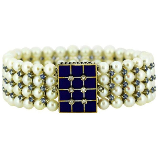 Antique Art Deco Freshwater Pearl, Aquamarine, Enamel and Diamond Bangle