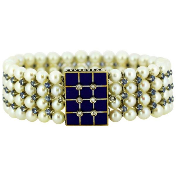 Antique Art Deco Freshwater Pearl, Aquamarine, Enamel and Diamond Bangle